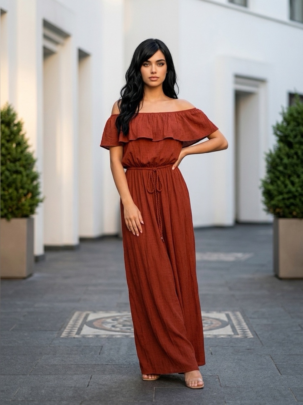 NWOT Tacera Brown Off Shoulder Ruffle Sleeve Jumpsuit